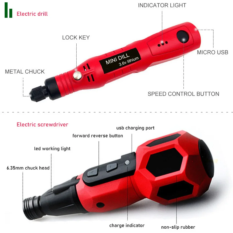 Power Tool Set Mini Grinder Drill Cordless Electric Screwdriver 3.6V Li-ion Battery Rechargeable Household Electric Tool