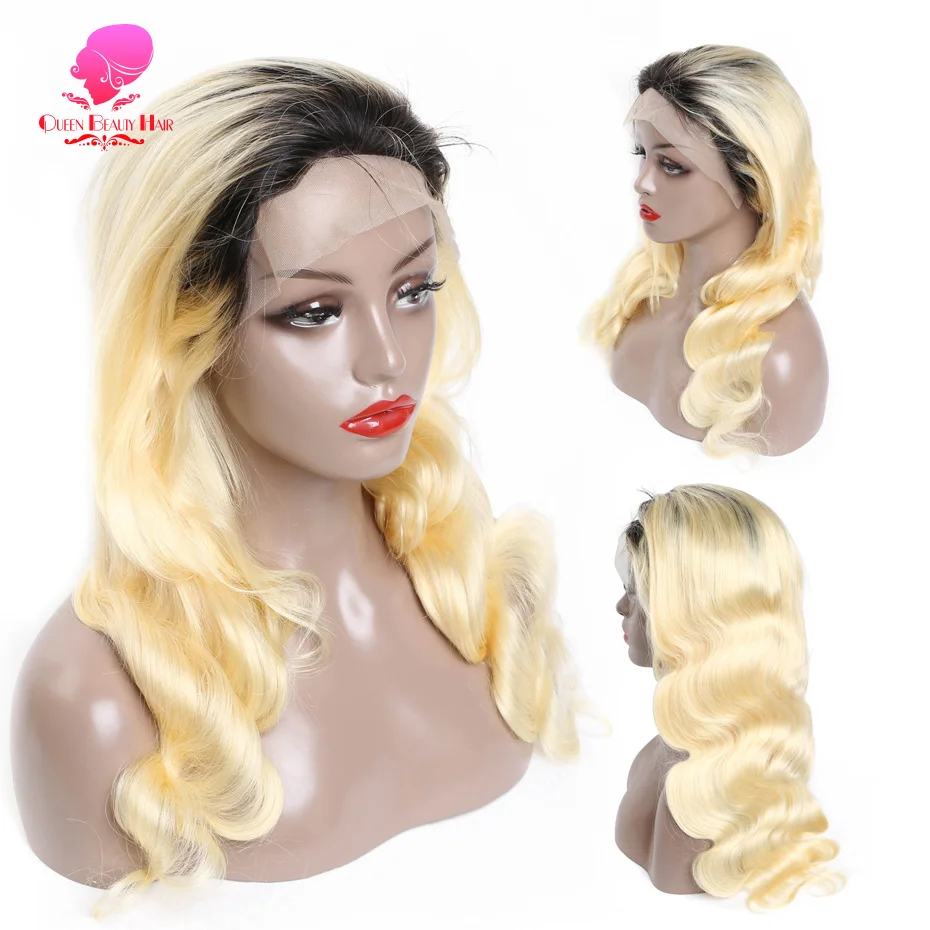 13x6 Full Lace Frontal Perücke aus Echthaar, 1B 613 Ombre Blonde Perücke mit dunklen Ansätzen, peruanische Body Wave Lace Front Echthaarperücken für Frauen – Detail 2