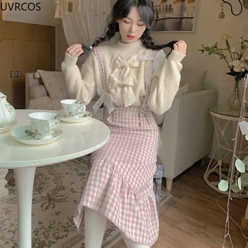 Winter sweet Lolita pink Plaid Strap Dress women Japanese Kawaii Bow Slim Party dresses Female Korean Fashion y2k birthday Dress