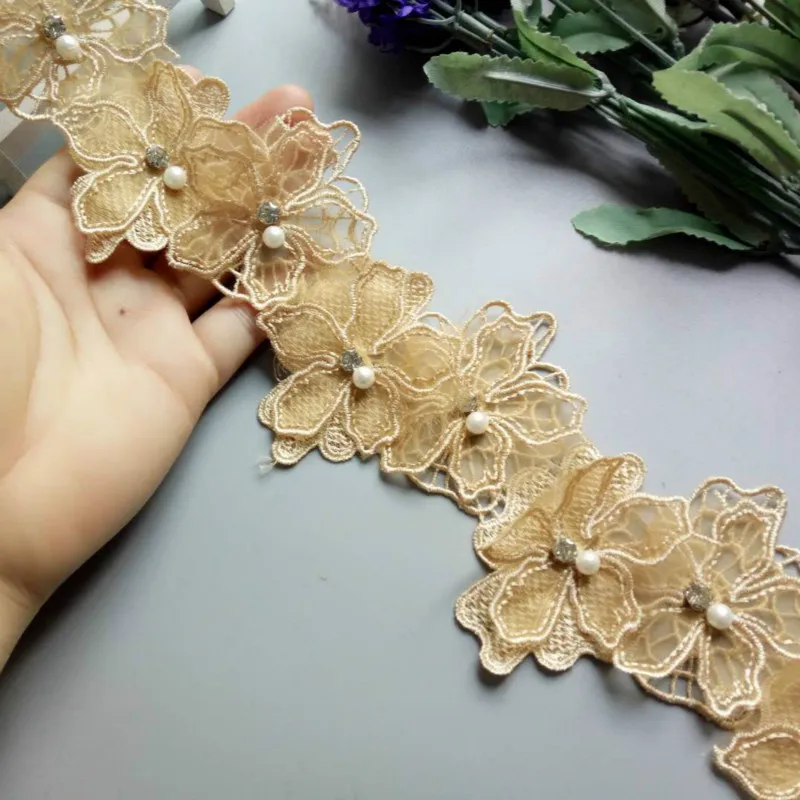 1 yards Gold 8cm Pearl Flower Embroidered Lace Trim Ribbon Floral Applique Fabric Patches DIY Wedding Dress Sewing Craft