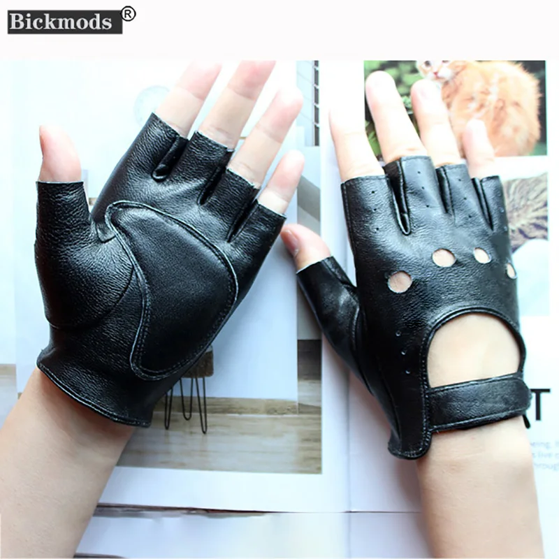 New Women\'s Sheepskin Half Finger Gloves Leather Single Layer Unlined Thin Hollow Fitness Driver Motorcycle Leather Gloves