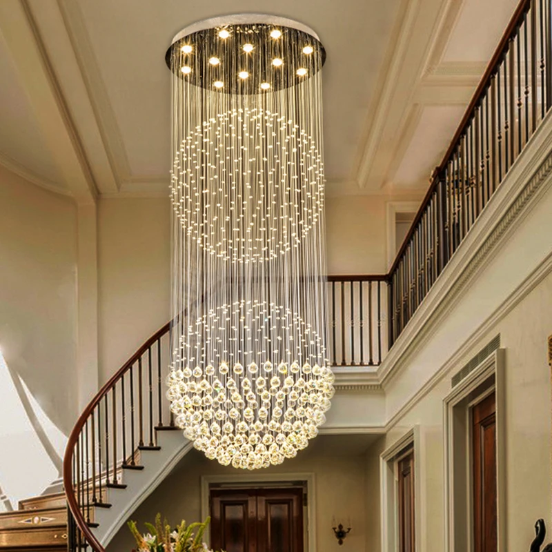 Creative 2 Large Crystal Balls K9 Crystal Chandeliers Ladder LED Dimmer Light For Hotel Living Room Shopping Crystal Chandelier