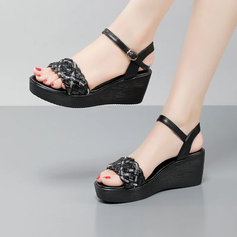 Ladies Shoes Summer Wedges Heels Woman 2022 Black Sandals Fashion Weave Dress Open Toe Platform Sandals 34 38 40 41 42 43 Size