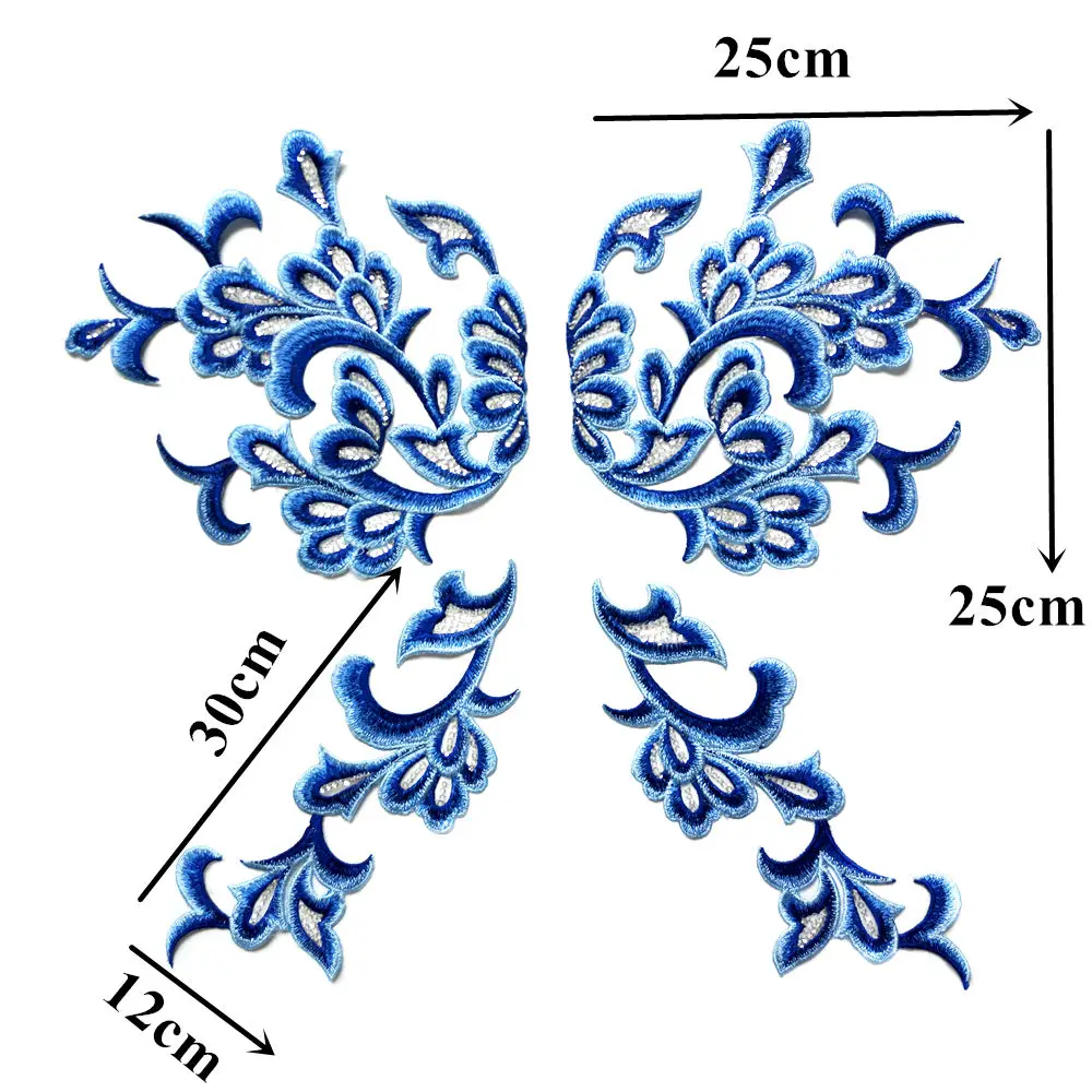 1 Set 4PCS Blue Embroidered Appliques Sequin Lace Fabric Baroque Gown Collar Sew On Patches For Wedding Decoration Dress DIY