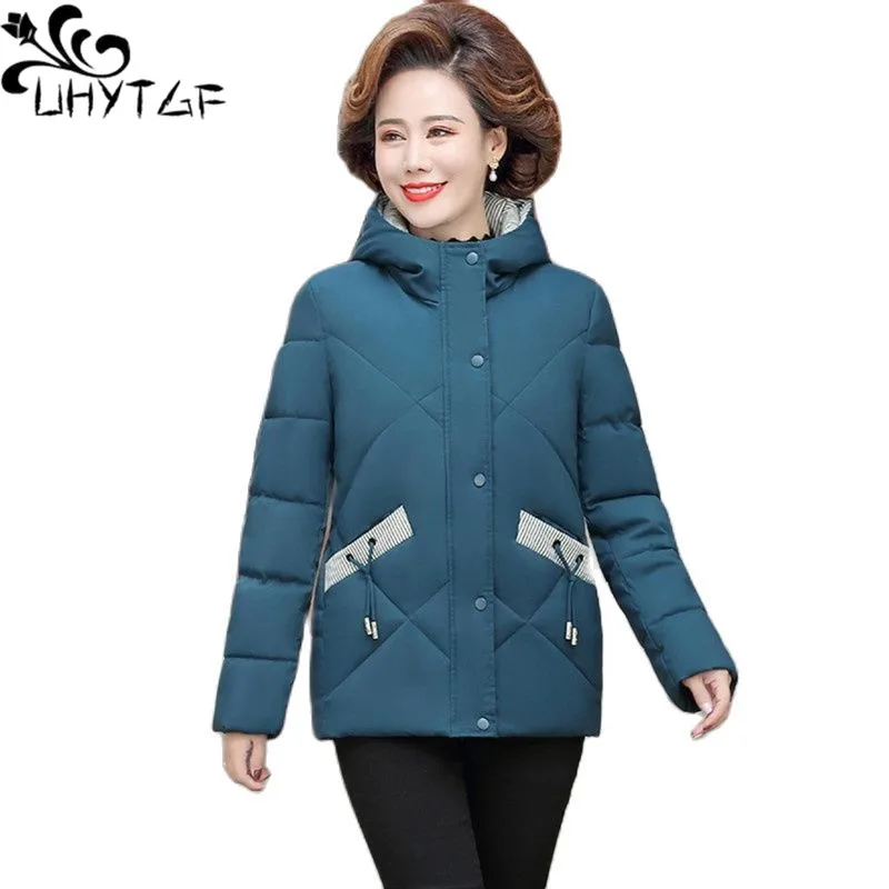 

UHYTGF Mother Winter Cotton Jacket Women Fleece Hooded Cold-Proof Warm Coat Parker Female Thicken 5XL Oversized Overcoat 1664