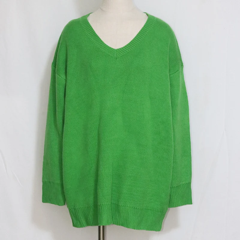 Green Knitted Sweater Women Solid V-neck Oversize Long Sweaters Pullover Casual Loose Drop Shoulder Knitwear Jumpers