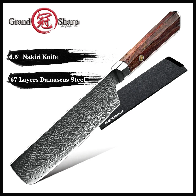 

Grandsharp 6.5 Inch Nakiri Knife Janpanese 67 Layers Damascus Steel Kitchen Knife Cut Meat Gyuto Butcher Slicing Cleaver Knives