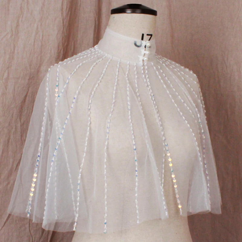 Bridal Luxury High Neck Wedding Cape Female Elegant Illusion Party Shawl Sequin Beaded Tulle Bolero Women Pearl Button Shrug