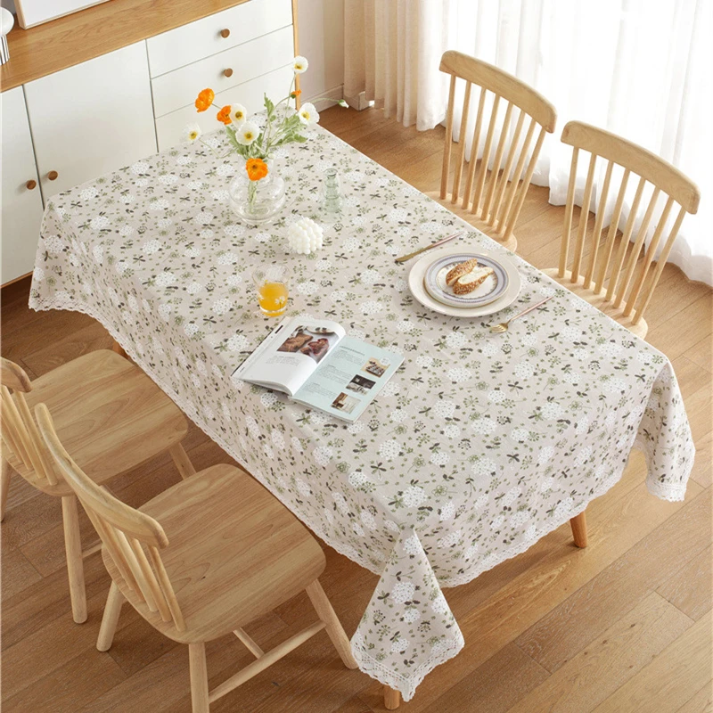 White Dandelion Flower Pattern Cotton Linen Tablecloth with Lace Hem Home Coffee Pendant Tea Table Pad Meal Cloth