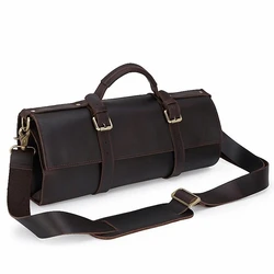 Men Crazy Horse Genuine Leather Knife Roll Storage Bag Travel-Friendly Men Shoulder Bag Chef Knife Case Roll