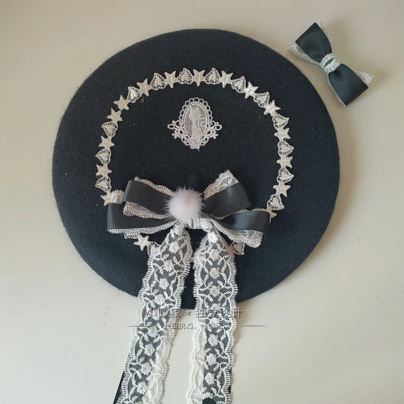 Japanese-style Beret Lolita GIRL\'S Sweet Cute Versatile Woolen Women\'s Hand Made Lace Bow Bud