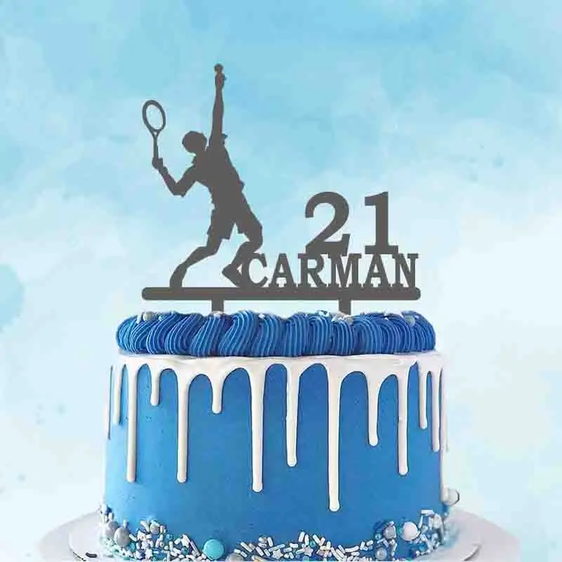 Custom Name Age Man Playing Tennis Silhouettes Tennis Fans Birthday Party Cake Decoration Tennis Cake Topper YC241