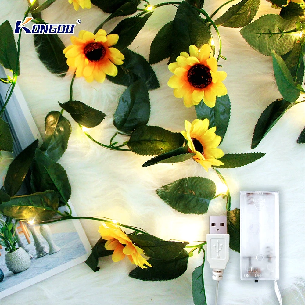 20 LED Sunflower String Fairy Lights USB Battery Powered Vine Lights Christmas Garland Leaf Lights for  Wedding Party Holidays