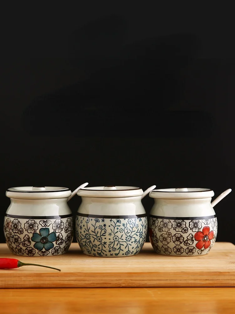 Japanese Style Flower Ceramic Seasoning Jar Kitchen Food Containers Storage Salt Pot Pepper Jar Condiment Box Oil Pot Porcelain