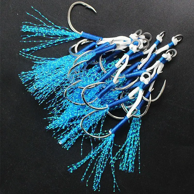 10PCS Assist Hook Solid Ring JigLure Jigging Fishjig Double Pair Barbed Assist Hooks Pesca Peche Blue Feather Fishing Jig