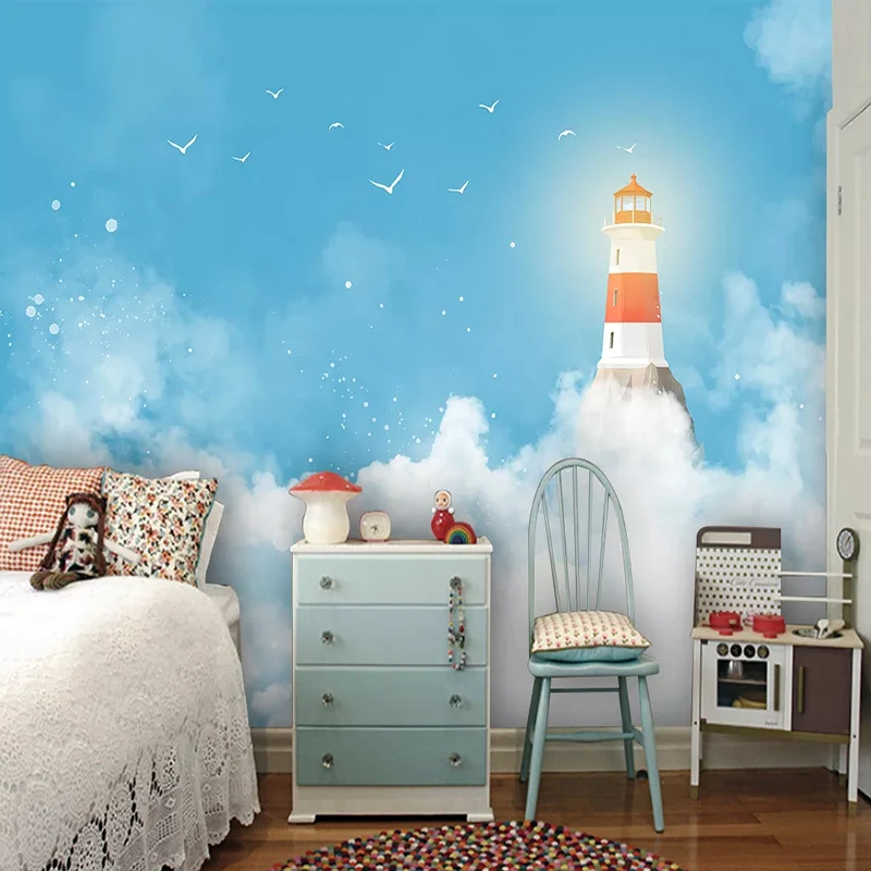 

Modern Minimalist Mediterranean Blue Sky Lighthouse Children's Room Background Wall Decor Custom Wallpaper Mural Poster 3D Photo