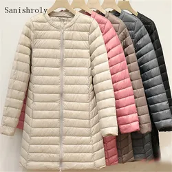 Sanishroly 2022 Autumn Winter Women O-Neck Midi Long Puffer Coat Warm Ultra Light Down Coat Parka Female White Duck Down Jacket