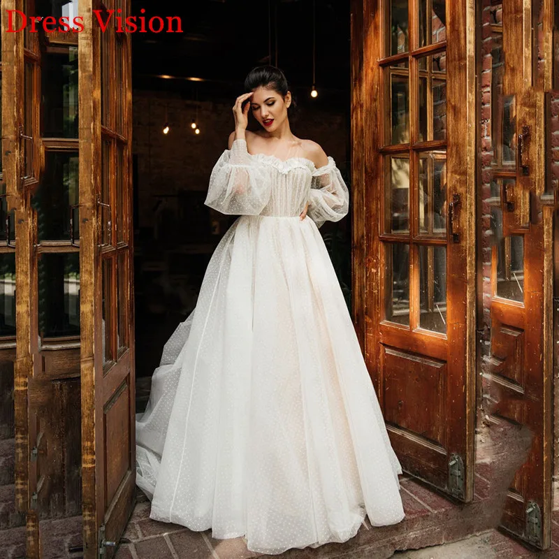 Abito da sposa leggero in pizzo abito da sposa Vestido De Novia Robe De Mariage abiti scollo a cuore spalle scoperte maniche lunghe