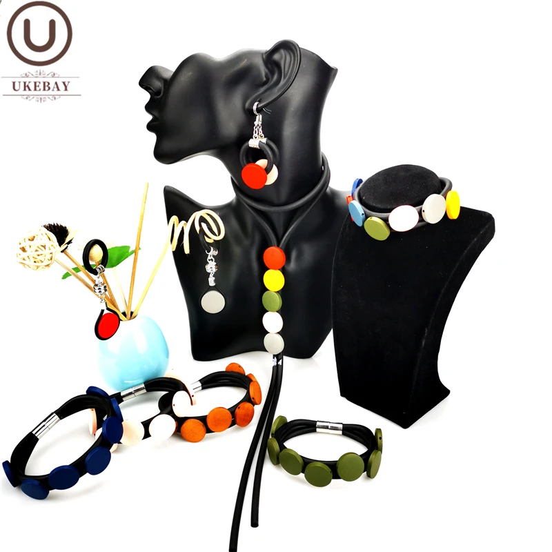 UKEBAY New Multicolor Wood Jewelry Set Women Pendant Necklace Handmade Rubber Necklace Gothic Ring 9 Colors Sets Charm Jewelry