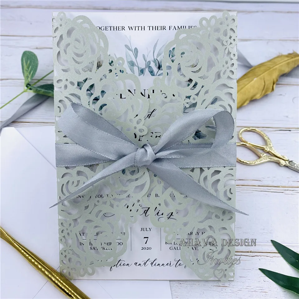 

Gorgeous Silver Laser Cut Personalized Wedding Invites with Bowtie And Envelope