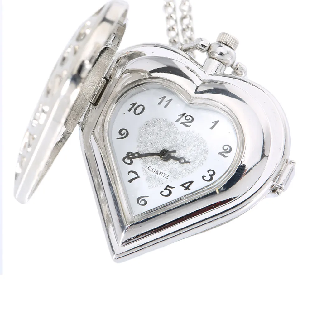 Hollow Quartz Heart Shaped Pocket Watch Necklace Pendant Chain Clock Women Gift XIN-Shipping