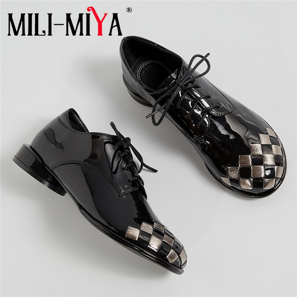 MILI-MIYA Fashion Mixed Color Round Toe Women Patent Leather Pumps Lace Up Comfortable Low Thick Heels Casual Shoes Size 34-40