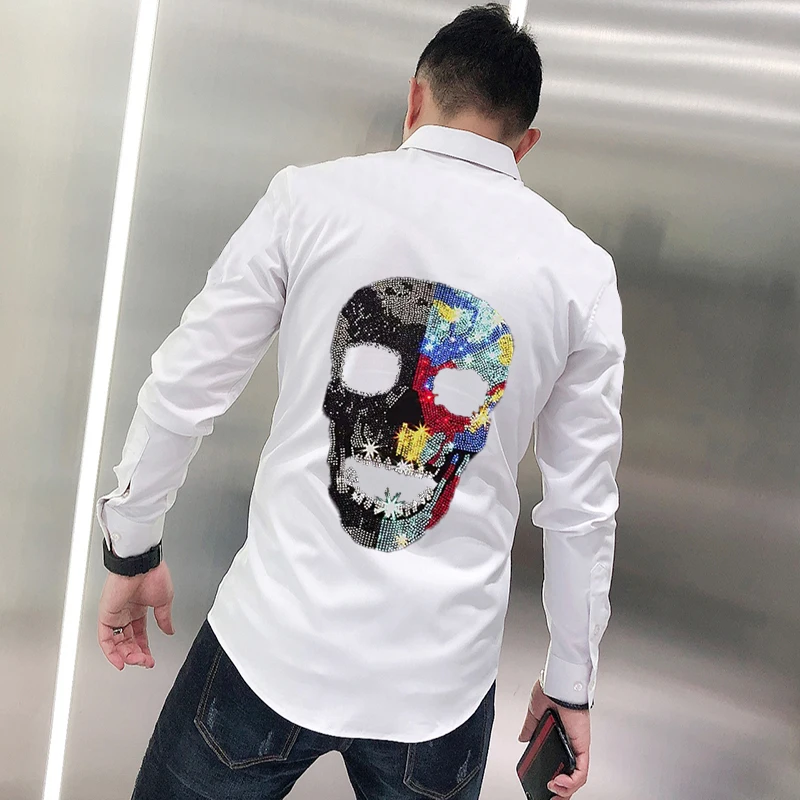 Black And White Custom Hot Diamond Skull Style Spring Men's T-Shirt Office Button Tops Long Sleeve Lapel