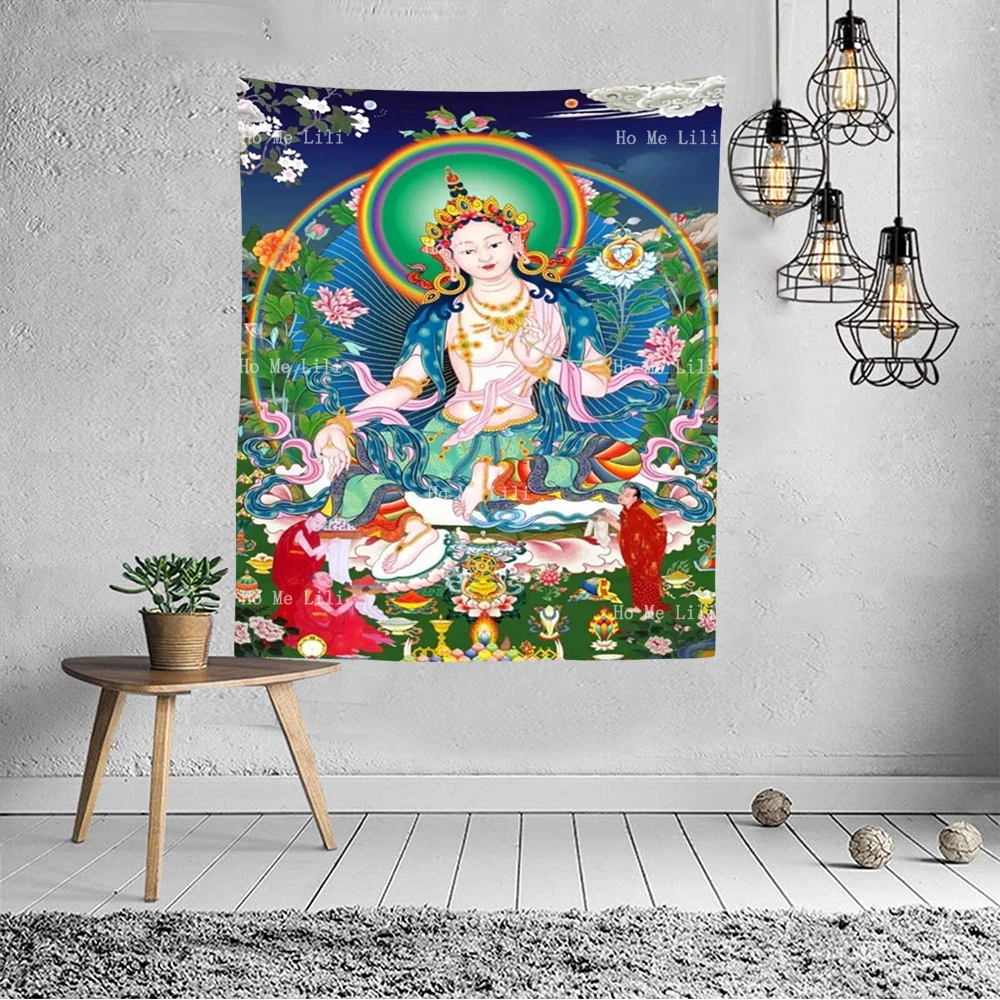 Religions Hinduism Art Buddha Green Tara Thangka Sit On The Lotus And Moon Wheel Goddess Durga On Tiger By Ho Me Lili Tapestry