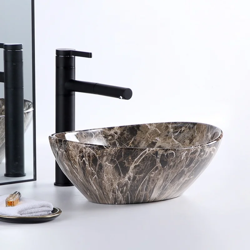 brown marble oval ceramic countertop art basin bowl bathroom sink face hand washing basin for restaurantBathroom sink