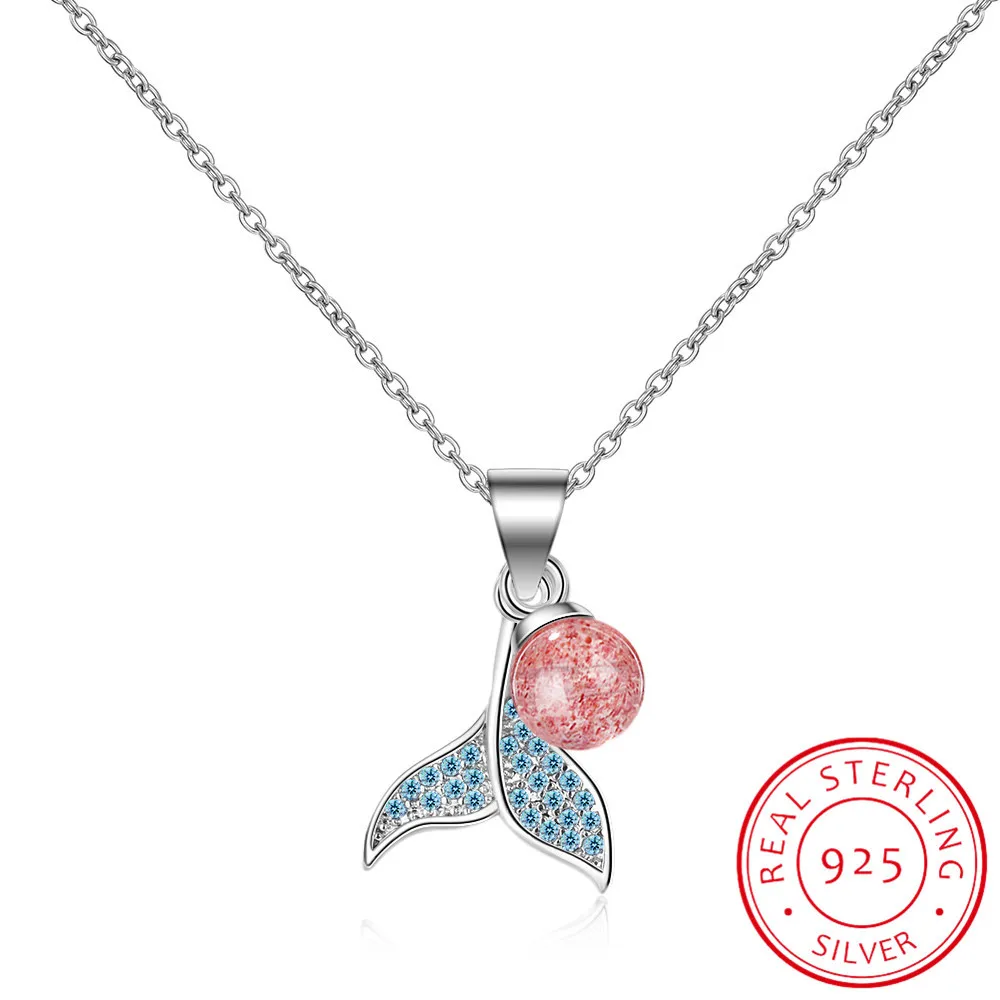 Romantic 925 Sterling Silver Blue Zirconia Mermaid FishTail Necklace For Women Natural Strawberry Crystal Jewelry S-N450