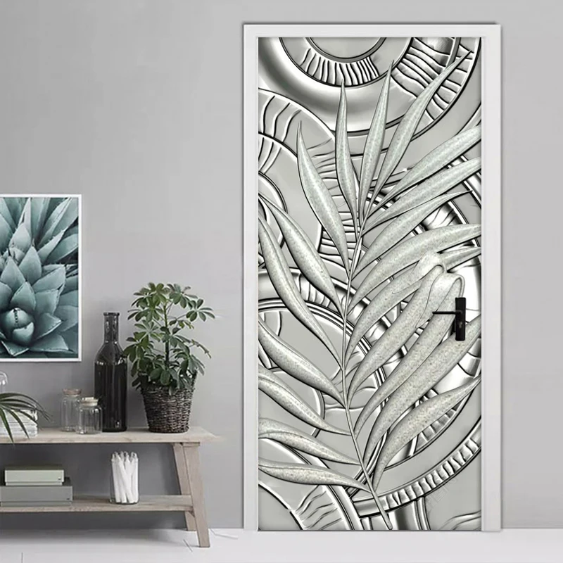 Self-Adhesive Door Sticker Modern 3D Plaster Relief Leaves Wallpaper Living Room Bedroom Door Decal 3D Door Murals Art Stickers