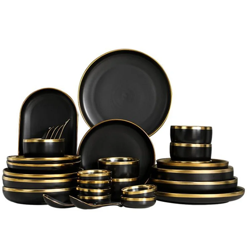 Gilt Rim Black Porcelain Dinner Plate Set Kitchen Plate Ceramic Tableware Food Dishes Rice Salad Noodles Bowl Cutlery Set 1p