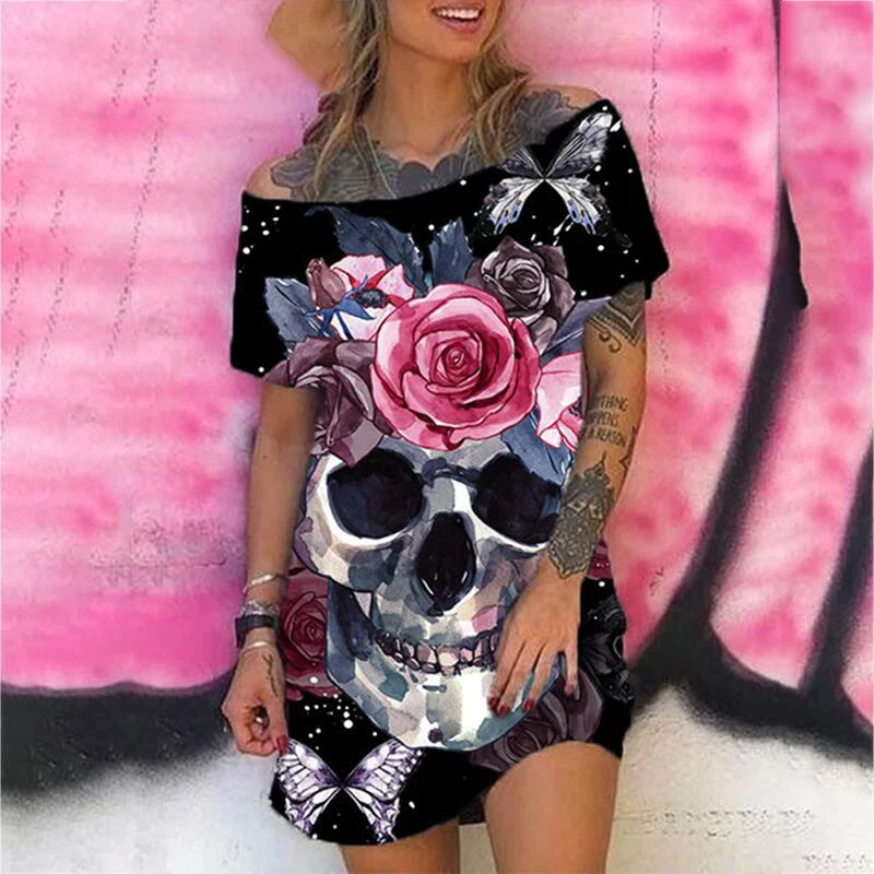 

Sexy Skeleton Skull Dresses Floral Print for Women Loose Casual Bodycon Dress Clubwear Ladies Casual Dress Vestido de Festa