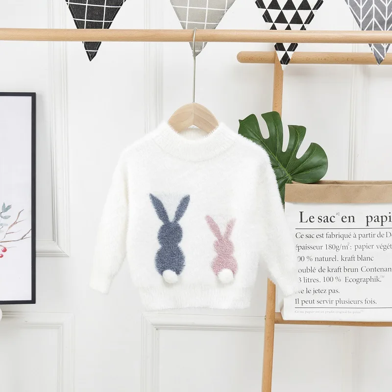 Kids Casual Sweaters for Girls Clothes Autumn Winter 2024 Child Cute Cartoon Rabbit Soft Pullover Toddler Thicken Knitted Tops