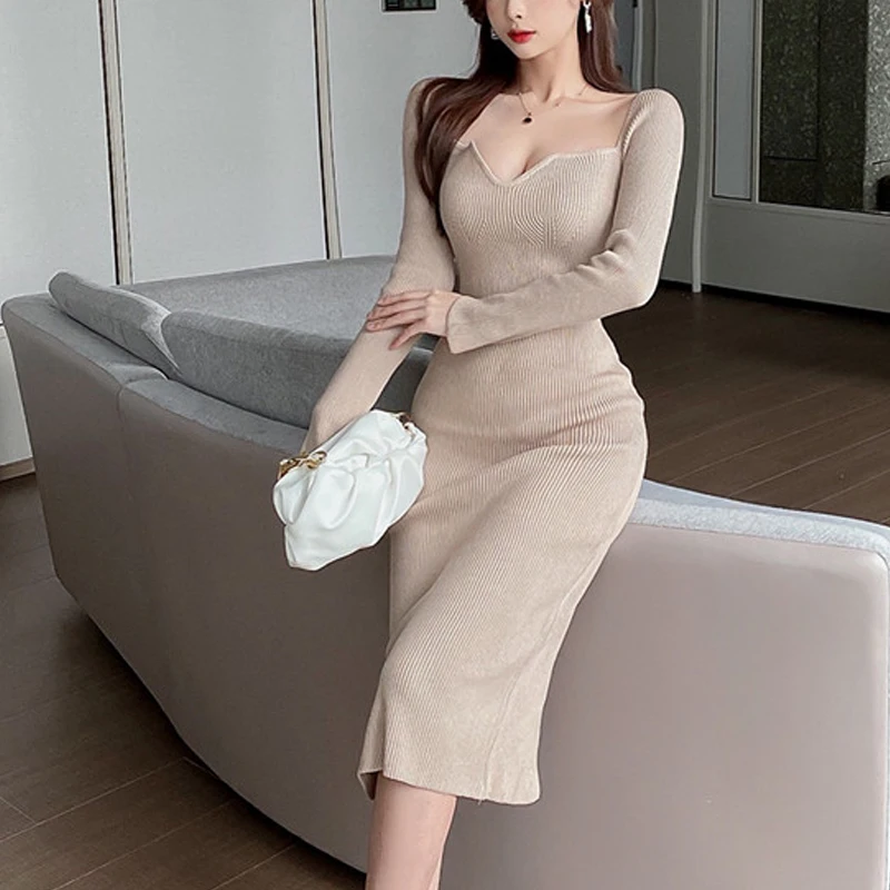 Elegant Knitted Black Midi Dress Women Korean One Piece Vintage V-neck Y2K Bodycon Dress Casual Slim Evening Party Dress 2021