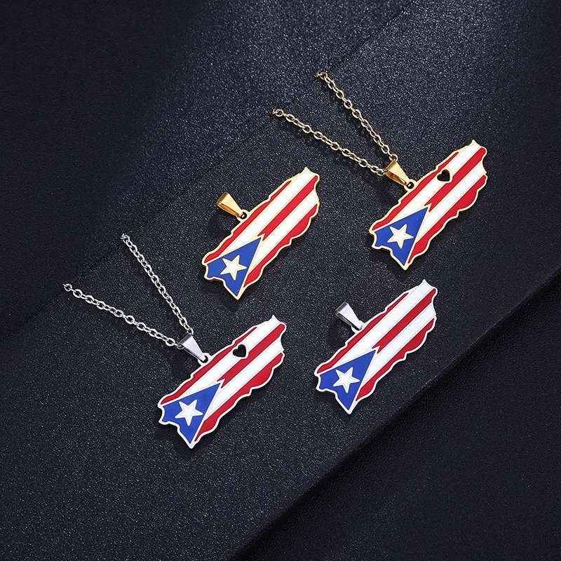 SONYA New Puerto Rico Map and Colored Flag Pendant Necklaces Gold Color PR Puerto Ricans Stainless Steel Jewelry Gifts