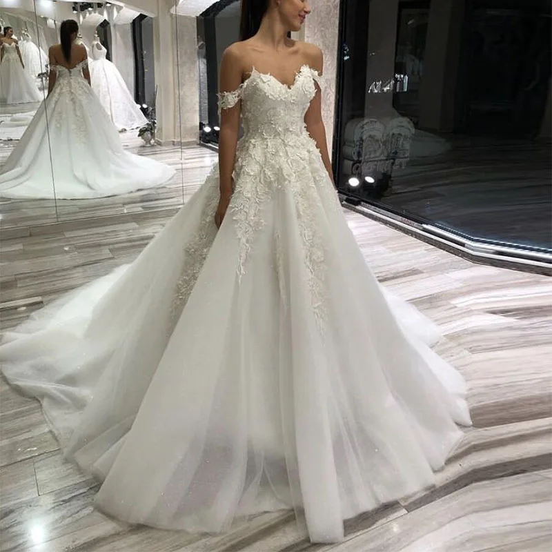 Robe de mariée romantique à fleurs 3D, encolure en cœur, épaules dénudées, paillettes, Corset en Tulle, robes de mariée personnalisées