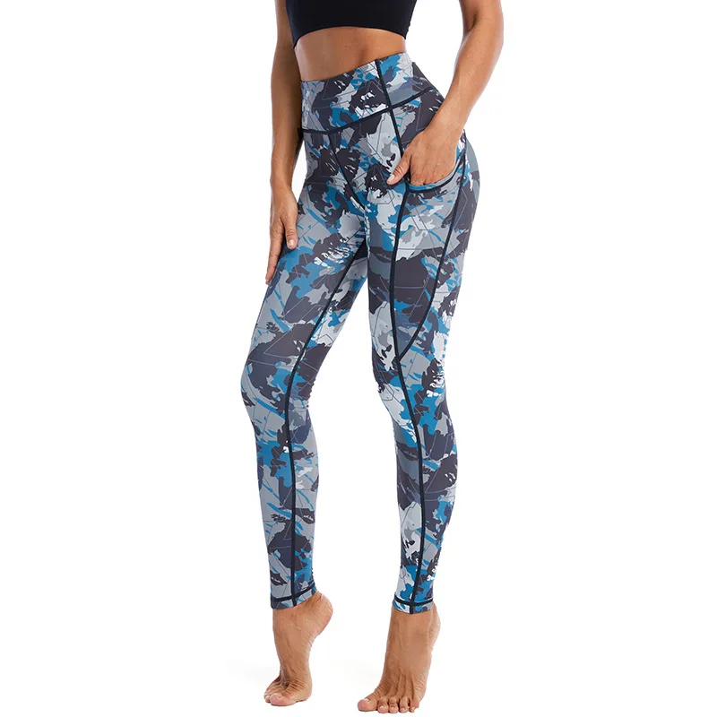 High-waisted Yoga Pants for Women Hip-Lifting Pocket Gym Pants Outdoor Gym Pants Green Camouflage Print Yoga Suit New 2024