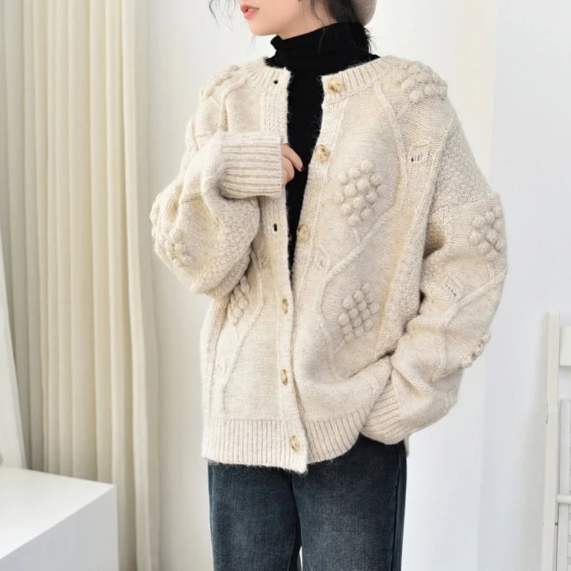 

Autumn 2022 New Japanese Style Loose O-Neck Single Breasted Vintage Womens Sweater Jackets Solid Elegant Female Concise Sweater