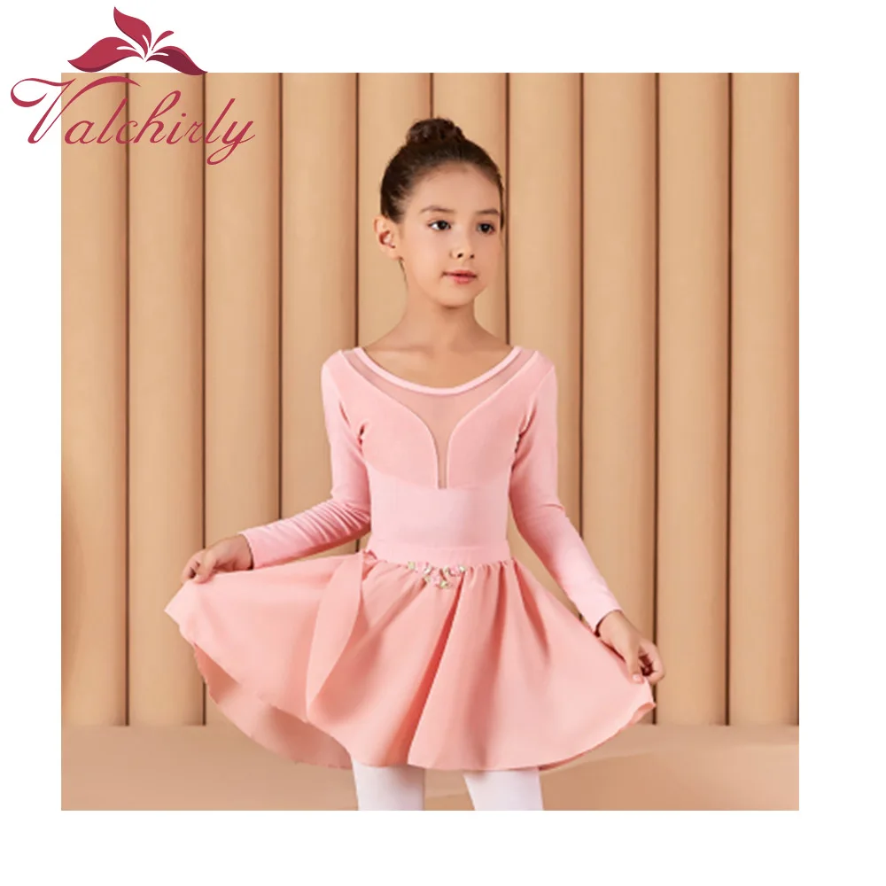 Kids Velvet Long Sleeved Dance Clothes, Cotton Practice , One-Piece , Girls' Formal Gymnastics Suits And Chiffon Skir