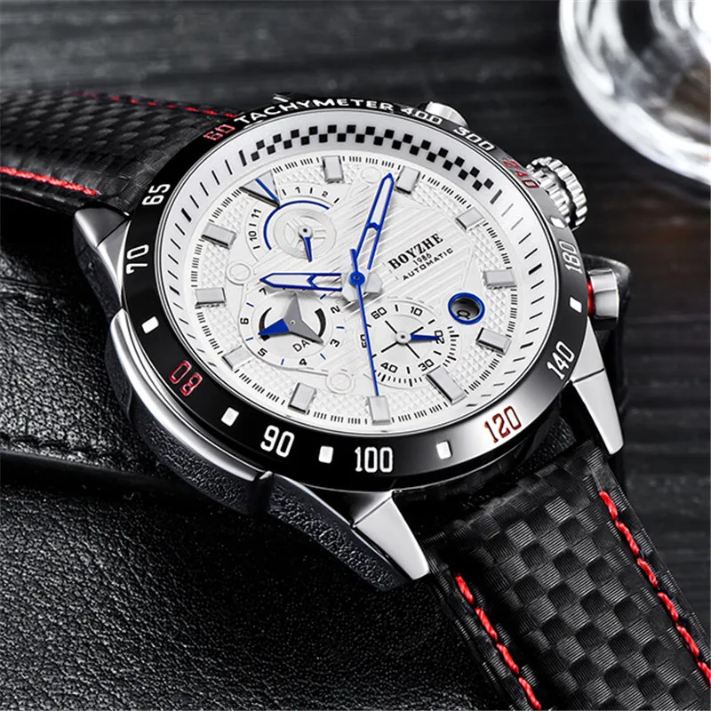 BOYZHE Casual Leather Strap Men\'s Automatic Mecanical Watch Multifunction Display Waterproof Sport Watches reloj hombre