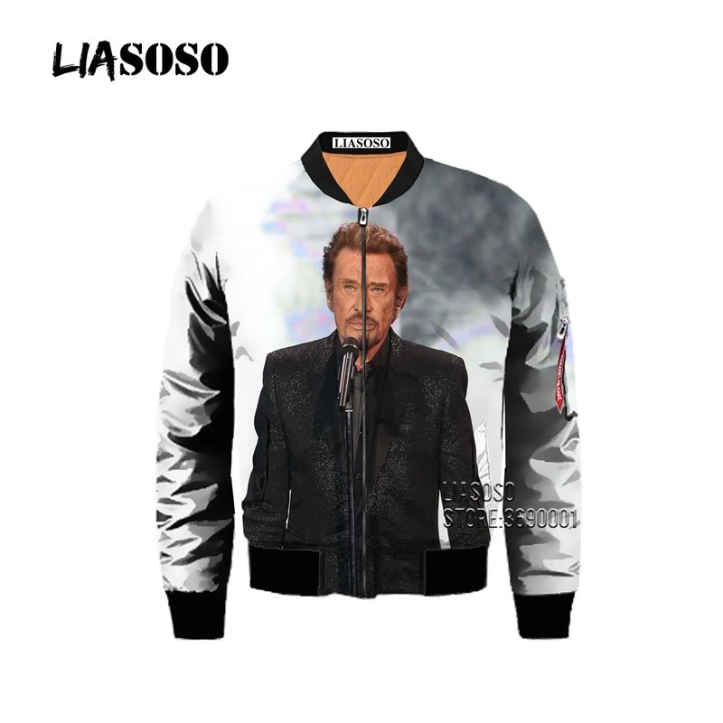 LIASOSO France Singer Johnny Hallyday 3D Print Men\'s Winter Thick Hip Pop Bomber Jacket Coat Punk Style Plus Size Flight Jacket