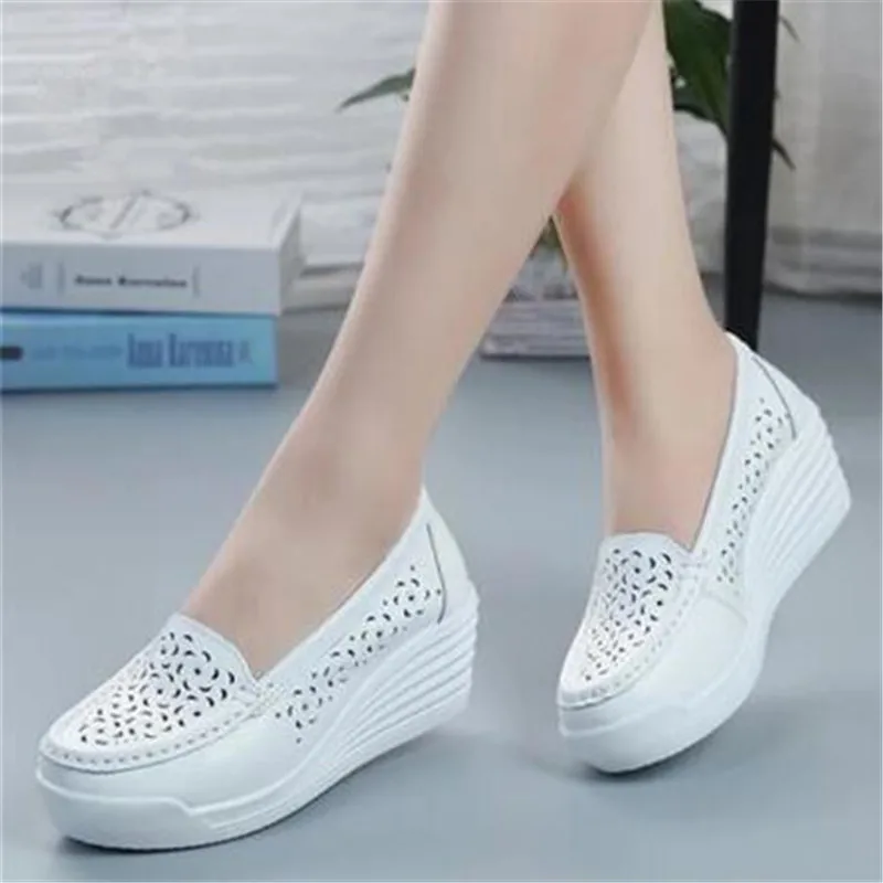 Women\'s Shoes New Women\'s Genuine Leather Sneakers Platform Shoes Wedges White Lady Casual Flats Comfortable Mother Shoes