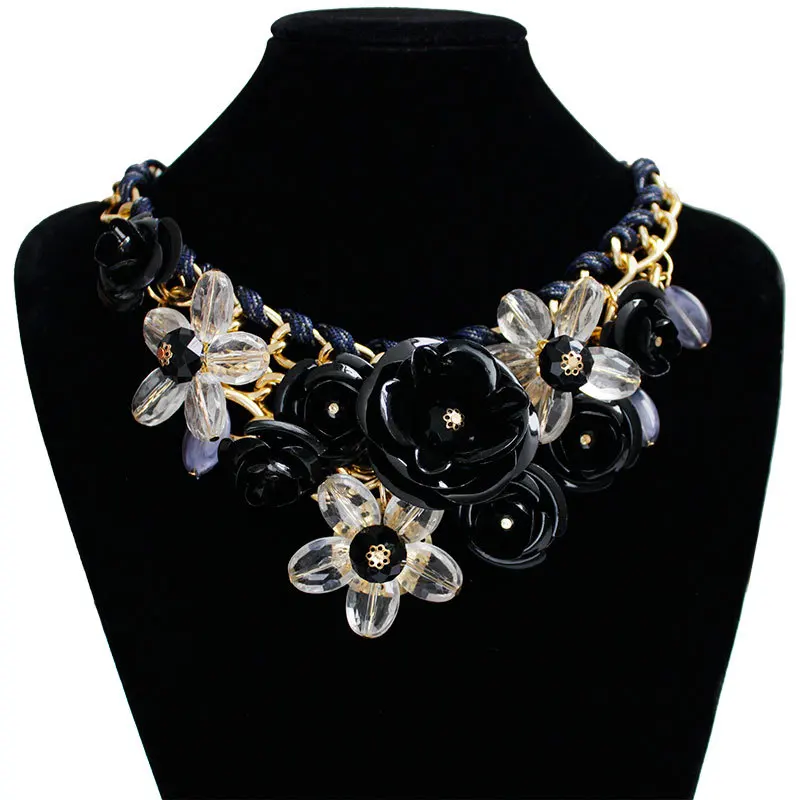 New Arrival Women exaggeration Flower Necklace Gem Pendant Rope Woven Necklace For Women Gift Ladies