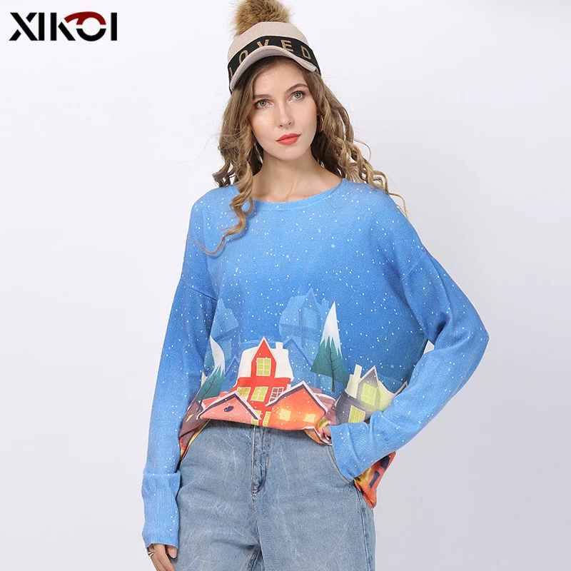 XIKOI Ladies Snow House Printed Sweater Fashion Women Christmas O-Neck Long Sleeve Blue Pullover Loose Sweaters Tops Jumper Pull