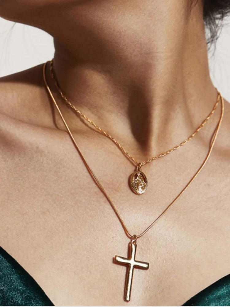 Fashion two layer necklace Oval-shaped Virgin Mary Madonna cross Pendant silver color Gold color metal snake chain