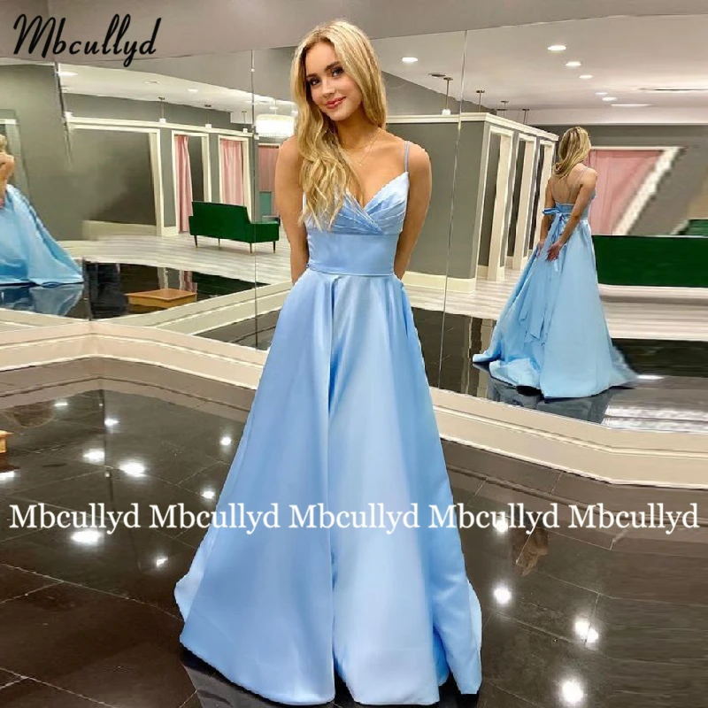 

Sexy Prom Dresses Long V-Neck Sky Blue Satin A-line Spaghetti Strap Formal Evening Gown Celebrity Party Dress robe de soirée