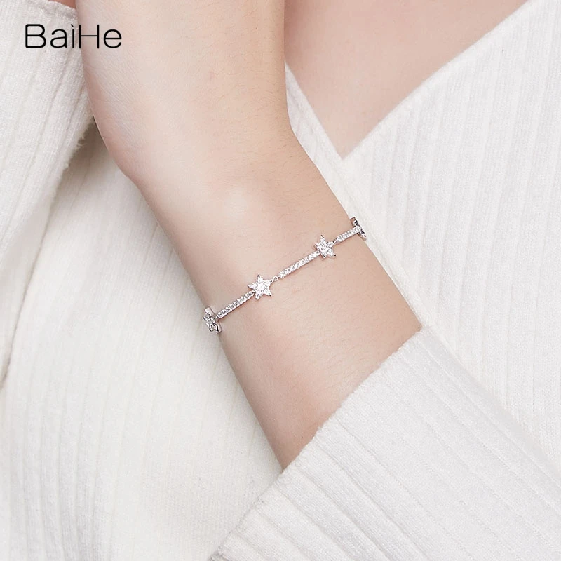 BAIHE Solid 14k White Gold 1.3ct H/SI Natural Diamond Star Flower Bracelet Women Wedding Fine Jewelry pulseras браслеты браслет