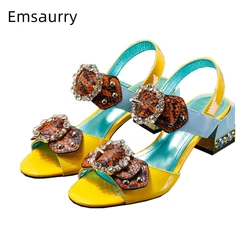 Mixed Color Ankle Strap Sandals Women Summer Jeweled Square Heel Serpentine Butterfly-Knot Rivet Rhinestone Party Shoes