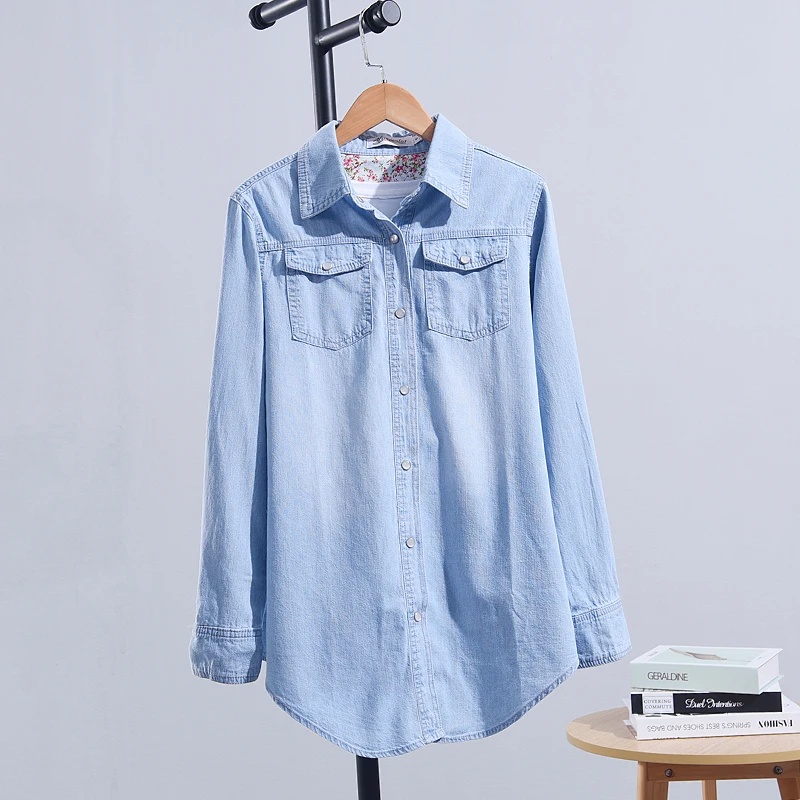 Women Shirt Denim Cotton Tops 2020 Autumn Casual Thick Pockets Single Breasted Button Up Lapel Long Sleeve Large Size Blue Shirt